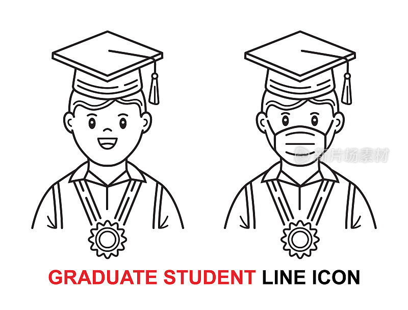 研究生，毕业男生，穿着校服，戴着防护面具，在毕业典礼上挂上了图标。完成大学学业。大专学历，硕士学历。学年结束。向量