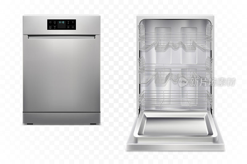 洗碗机与打开，关闭的门，孤立在白色背景。智能家电概念。前视图。数字显示。银的颜色。逼真的3d矢量插图。