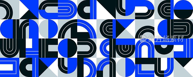 无缝的几何图案向量，抽象的背景设计与蓝色元素从字母排版。