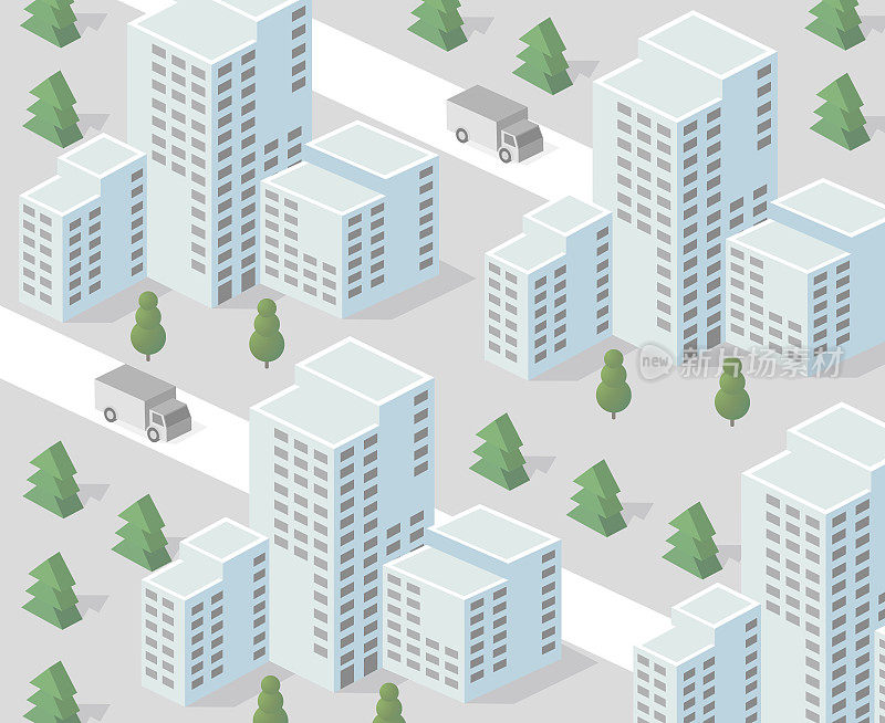 城市的等距视图。房屋3D插图的收集