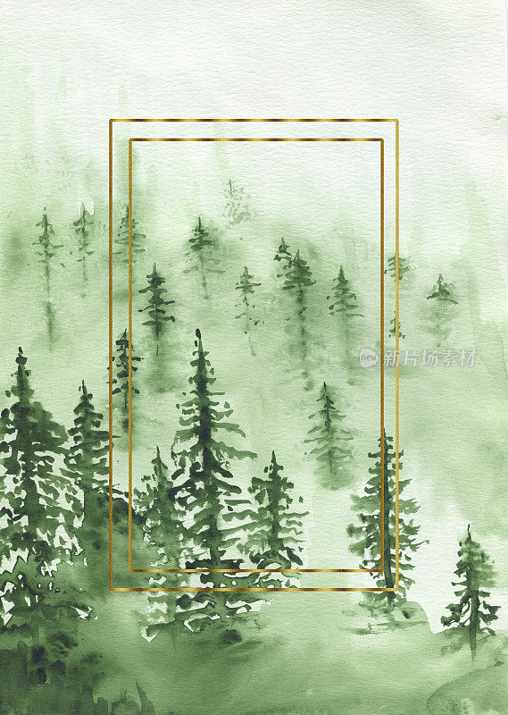 海报水彩森林，金色画框。水彩山旅行插图，绿色植物景观剪贴画，森林树木剪贴画的林地婚礼。