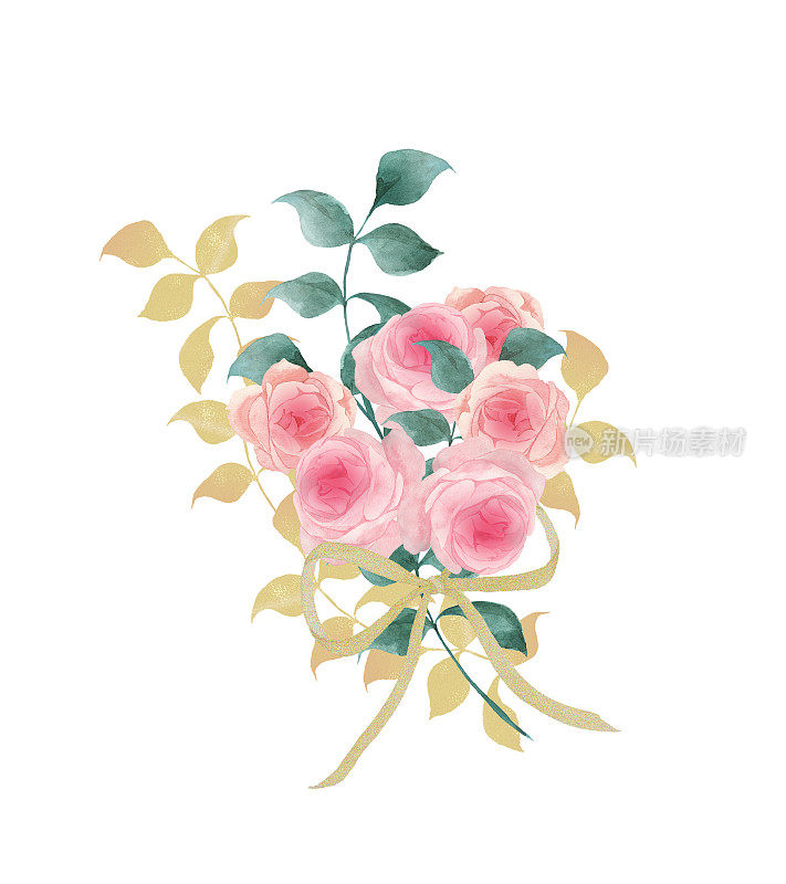水彩粉红玫瑰花与金色的叶子