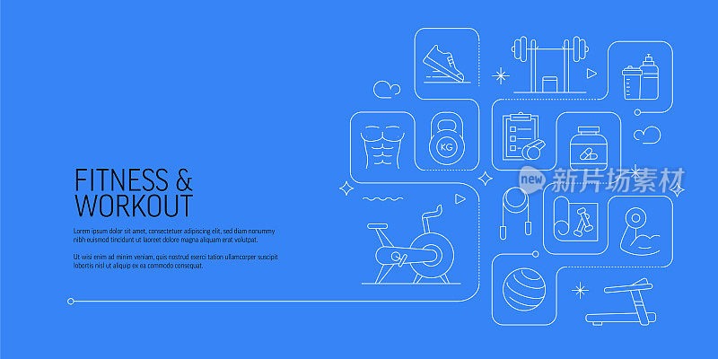 健身和运动相关矢量横幅设计概念，现代线条风格与图标
