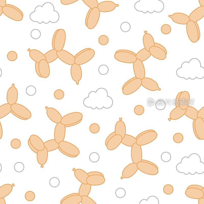 无缝图案的橙色狗气球，云，星星和点在浅橙色背景卡哇伊风格。