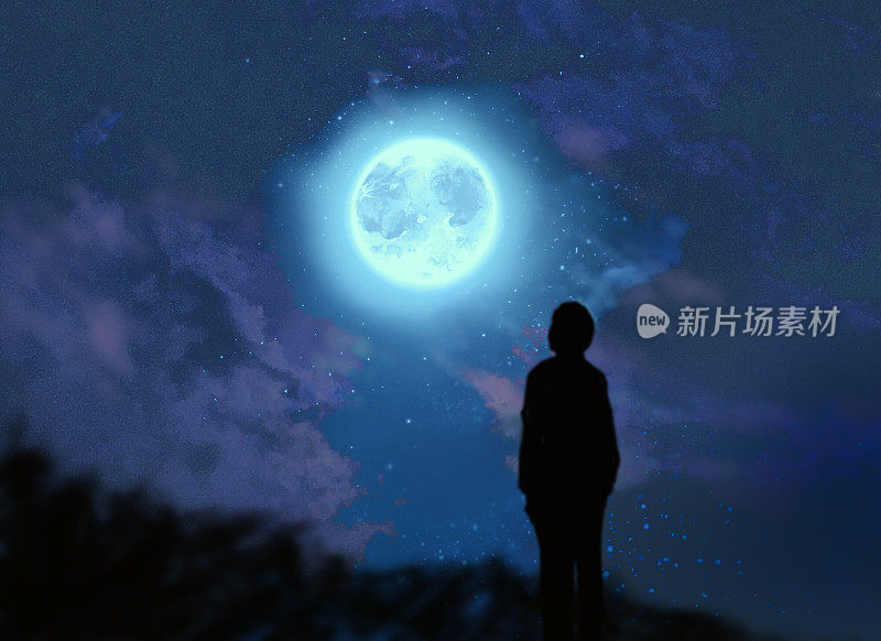 剪影剪辑艺术的一个男人凝视着一个可疑的闪光的满月。