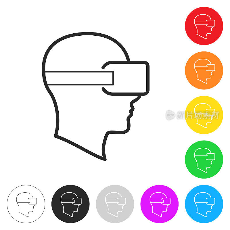 头戴VR虚拟现实头盔。彩色按钮上的图标