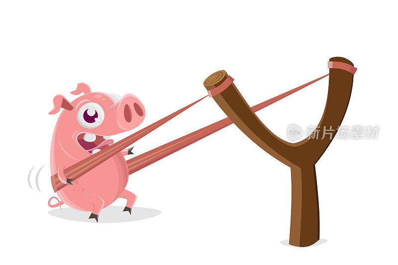 弹弓里的猪的滑稽卡通插图