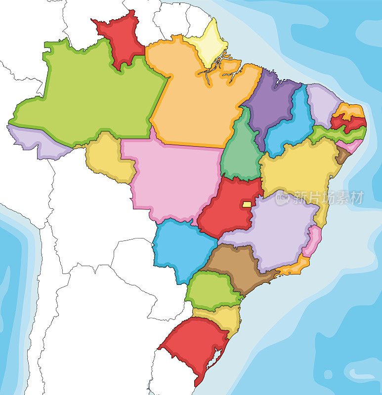 矢量插图空白地图的巴西州和行政区划，邻国和领土。可编辑和明确标记层。