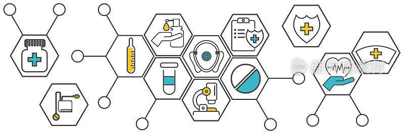平面风格的远程医疗、保健和急救概念。医学图标设置在孤立的白色背景六边形。为web应用程序，演示文稿，打印的创意医学插图。