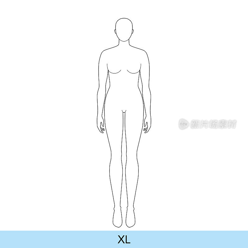 XL码女性时尚模板9九头Croquis加码女士模型曲线的身体数字前视图。矢量轮廓草图BMI女孩为时装设计，插图，技术图纸