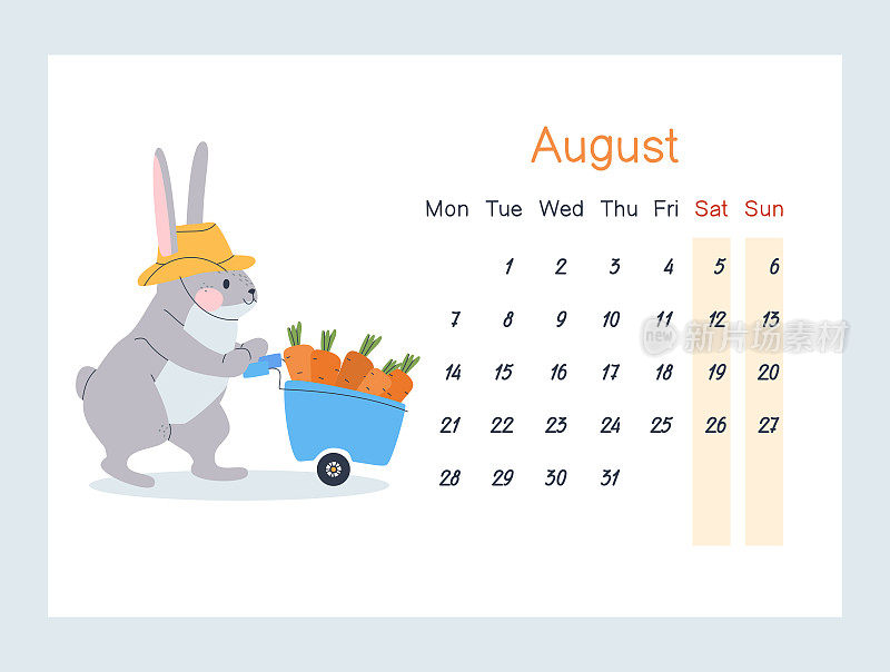 一只兔子推着一辆小推车，里面装满了蔬菜。戴着帽子的农场主。2023年8月日历。一周从周一开始，周六和周日都是灰色的。平面向量