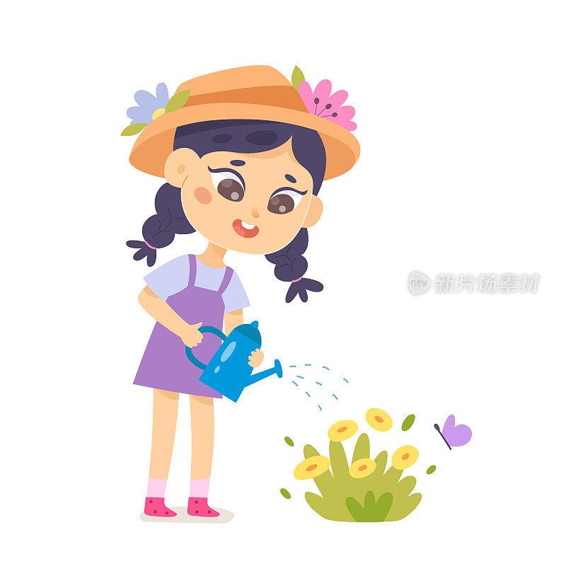 孩子在花园里种植春夏花卉，女孩拿着喷壶给植物浇水