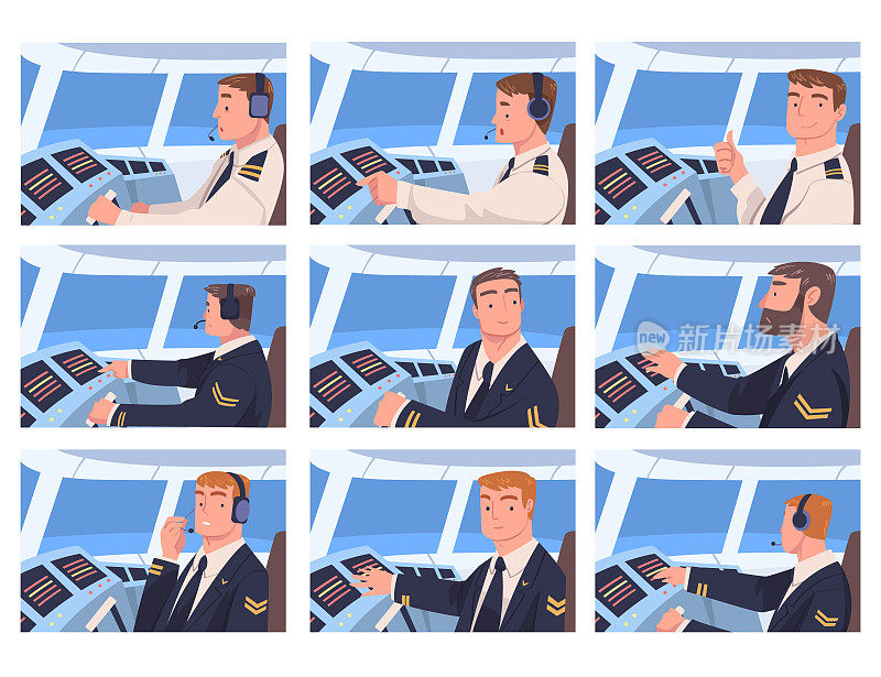 飞行员或飞行员坐在机舱内控制面板向量集