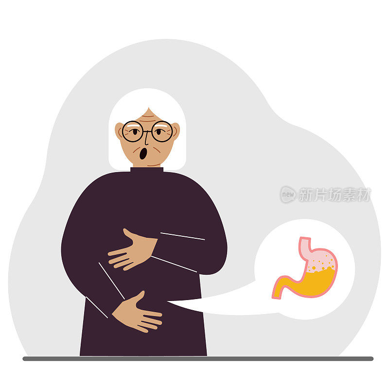 腹部疼痛的概念。老妇人用双手抱住他的肚子。胃部或消化系统有问题。
