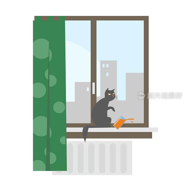 公寓建筑立面，窗户里有猫。居家的矢量插图