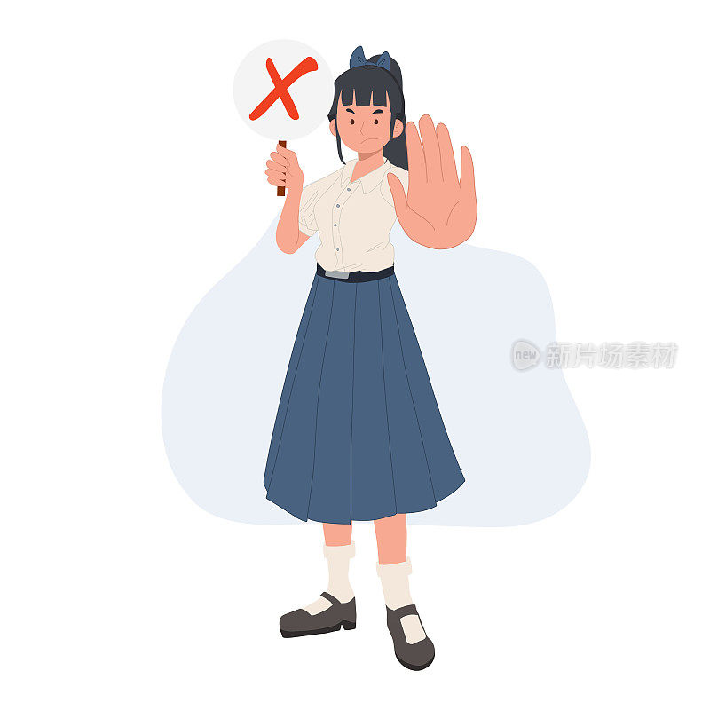 穿着校服的亚洲学生。泰国女学生举着红色的X标志。假的。错了。不正确的。也使手NO停止。矢量插图