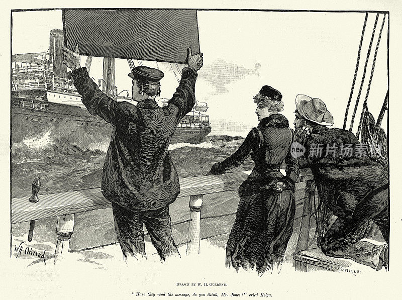 19世纪，维多利亚时代航海业，一名水手对着一艘经过的船举着留言板