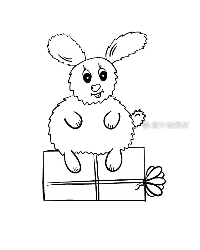 可爱的小白兔。有趣的复活节兔子。兔子坐在圣诞礼物上。象征着2023年的新年。