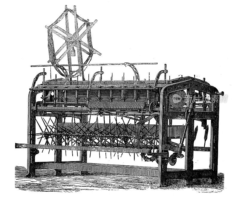 古董插图，应用机械和机械，纺织工业:用于纺线和绳索生产的机器