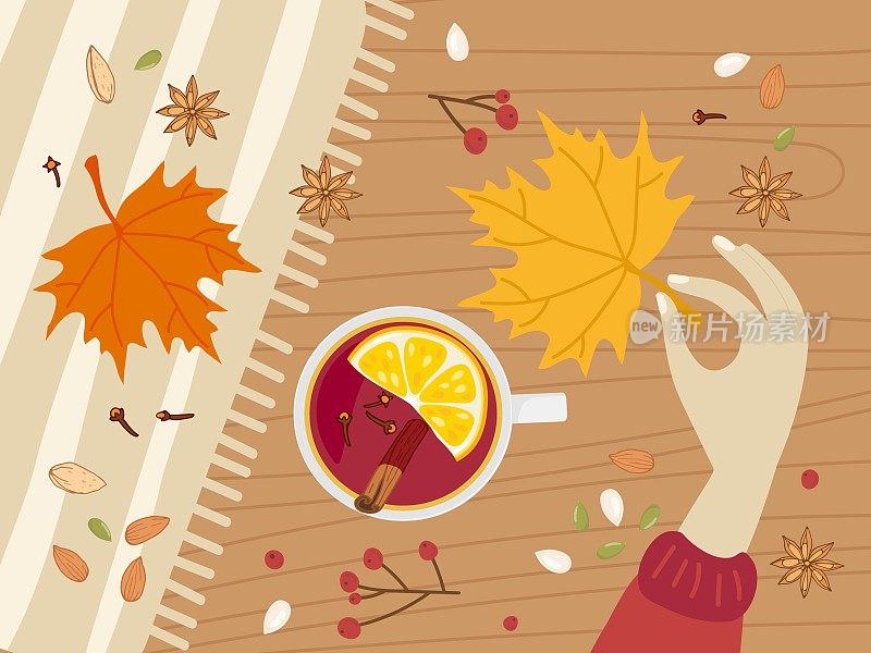 温馨浪漫的概念与热饮，女孩的手，秋天的装饰品，红叶。可爱的秋天平面矢量插图在平面风格的秋天心情海报，明信片，传单模板