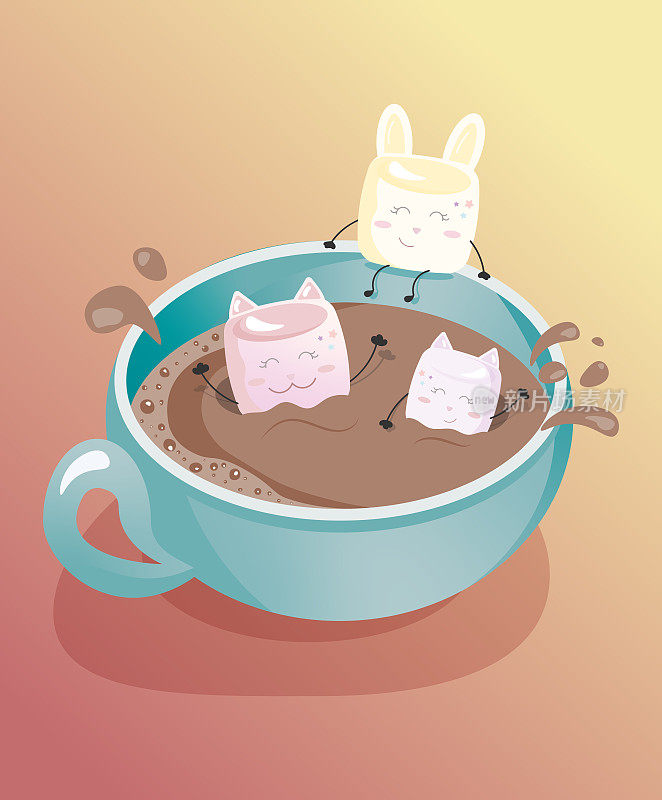 一杯可可里的棉花糖。咖啡,茶,可可。可爱的卡哇伊棉花糖猫和兔子。