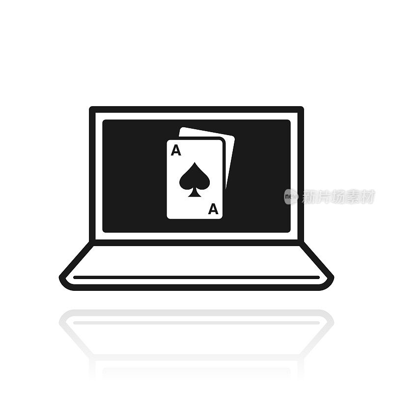 带扑克牌的笔记本电脑。白色背景上反射的图标