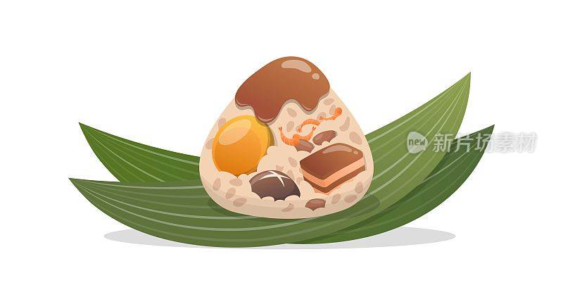 中国端午节的传统食物:粽子，用竹叶包着的糯米