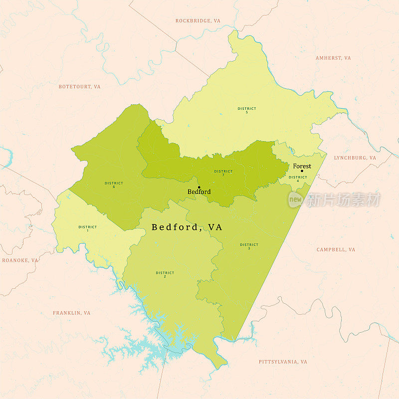 弗吉尼亚州贝德福德县矢量地图绿色