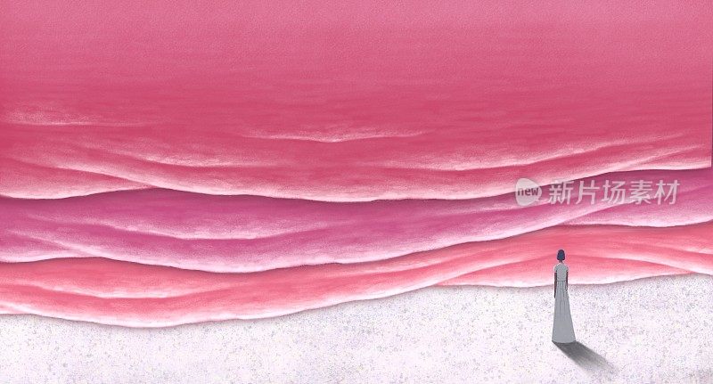 孤独的女人和粉红色的大海。孤独、孤独、爱和悲伤的概念概念艺术。概念艺术作品。海景插图。超现实主义绘画。