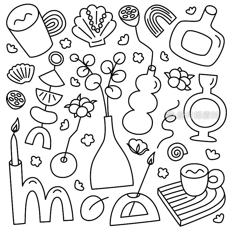现代陶器手绘收藏，陶瓷花瓶的涂鸦图标，支架，杯子，粘土家居装饰，拱门和甜甜圈形状，干花的矢量插图