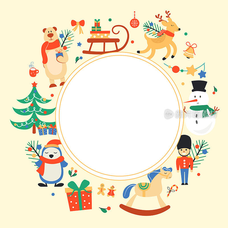 冬季背景图片模板设计与可爱的圣诞元素和字符。插图。