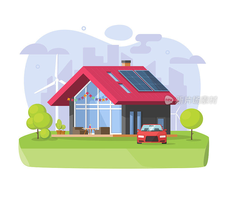 太阳能和风能智能家庭生态住宅，汽车在市区农村平面三维图形插图，住宅建筑采用绿色太阳能屋顶，可持续可再生技术