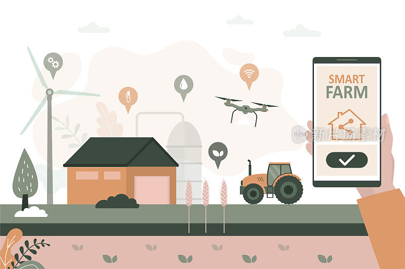 现代农业技术。智能农业概念。无线，手机遥控。人工智能在农场工作。农业创新。乡村，农田景观。