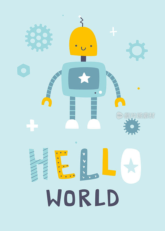 可爱的机器人海报，上面有字母。卡通机器人矢量印刷的婴儿墙壁艺术和服装。