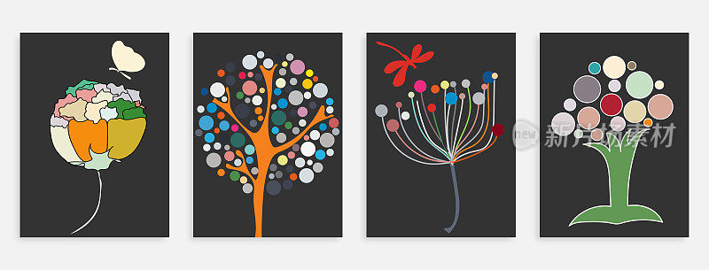 矢量手绘彩色树木植物图案卡片横幅抽象创意通用艺术模板背景。套装适用于海报、名片、邀请函、传单、封面、横幅、海报、宣传册等平面设计