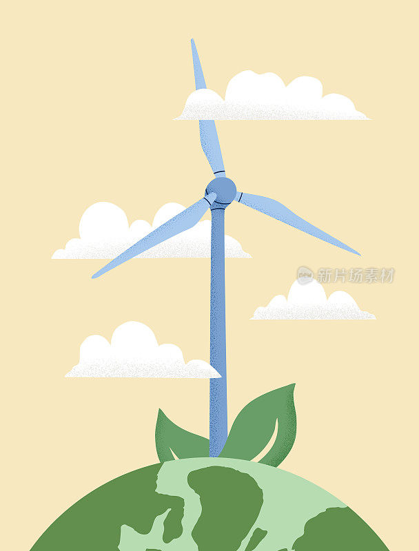 地球地球仪矢量图，风力发电厂。世界环境日的概念，拯救地球，可持续性，可再生风能。