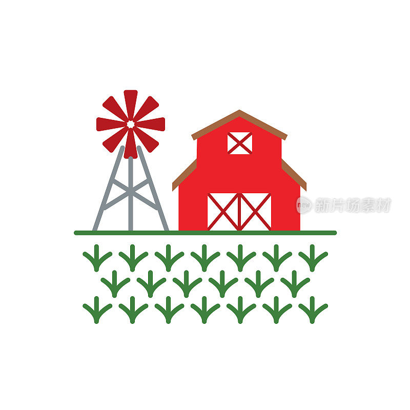 风车和农场农业图标在平坦的颜色上透明的背景