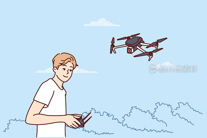 十几岁的男孩用遥控发射四轴飞行器，用无人机进行航空摄影