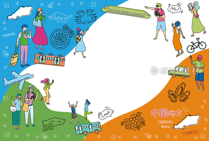 在日本Chugoku地区享受夏季美食观光的游客，一组图标(线条画)