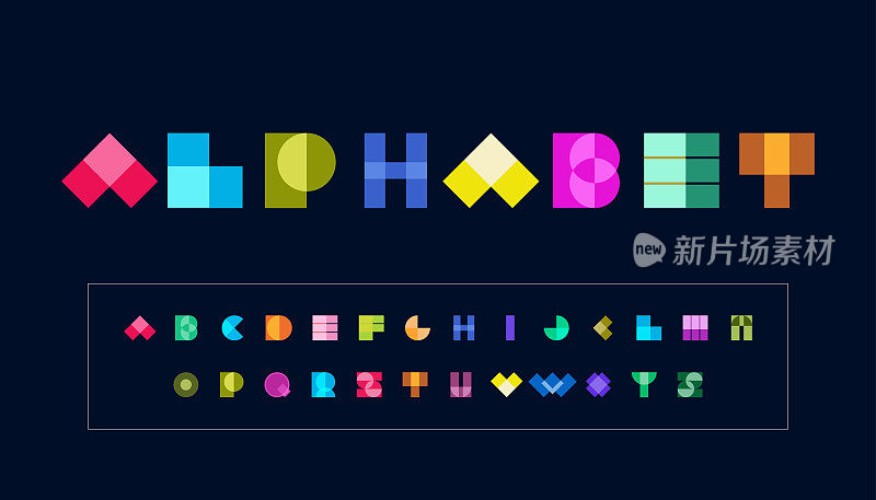矢量色彩几何极简主义艺术风格字母字符集合。覆盖彩色类型的现代标志，标题，时尚字体和海报排版。抽象装饰字母集设计元素