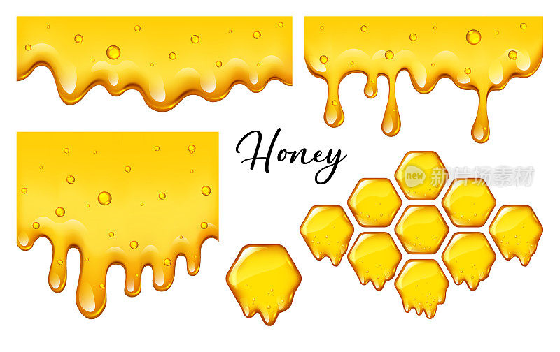 黄色蜂窝与流动的蜂蜜边界设置隔离，设计为药品标志，产品包装，矢量插图。