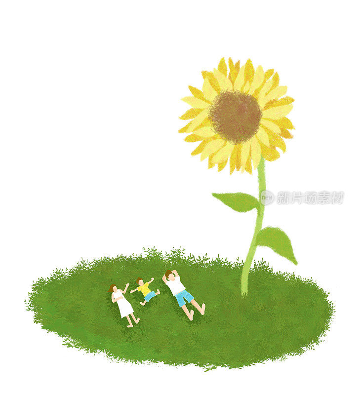 一家人在一棵大向日葵旁休息:妈妈、爸爸和儿子。