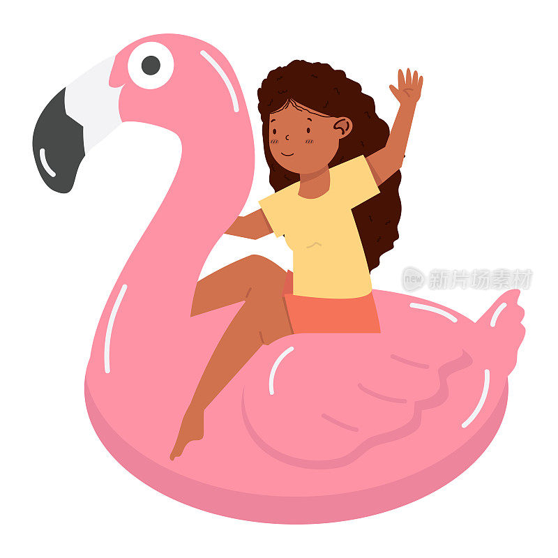 小女孩坐在粉色火烈鸟花车上