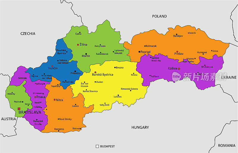 色彩鲜艳的斯洛伐克政治地图，清楚地标记，分开的层。矢量插图。
