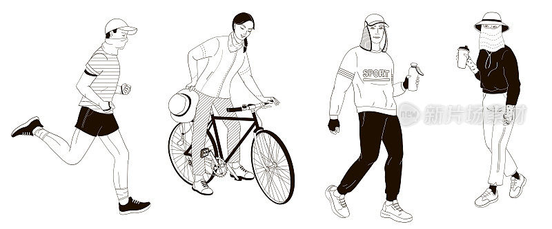 人们保护自己免受太阳辐射和紫外线紫外线，户外运动时戴防护服和防护帽，妇女骑自行车，成年人步行，男子慢跑，黑白矢量