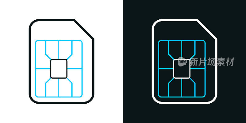 微型SIM卡。黑色或白色背景上的双色线条图标-可编辑笔触