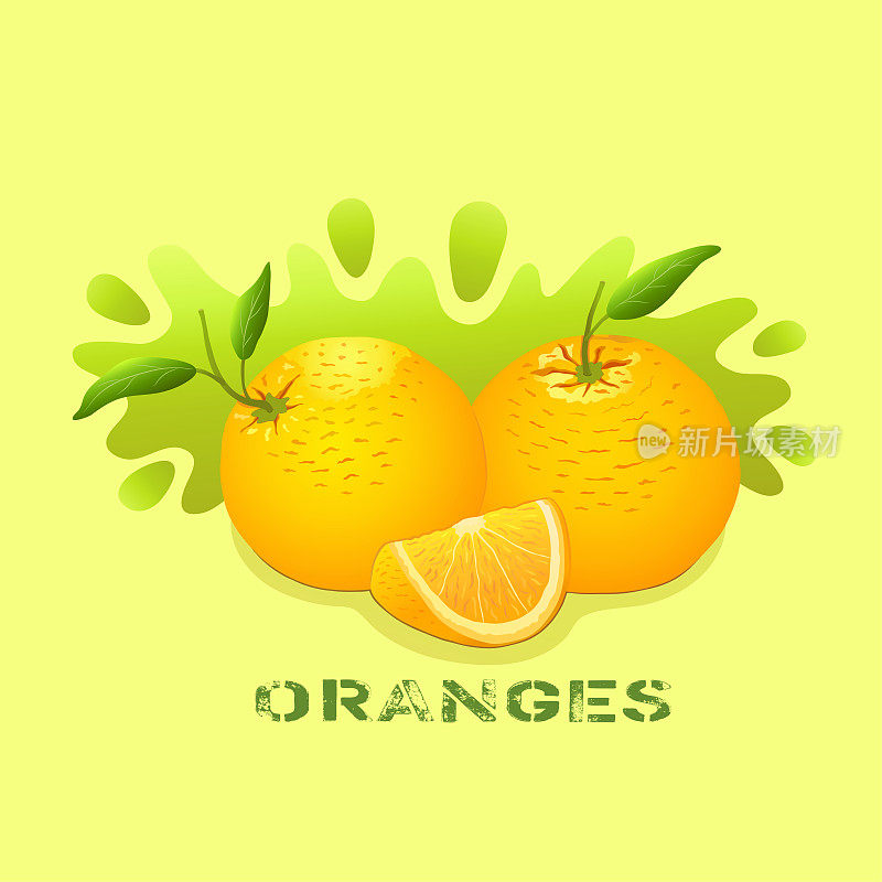 两个带叶子的成熟橙子和一个黄绿色背景上刻有“橙子”字样的橙子片。设计。柑橘类水果。维生素和矿物质。适当的营养。矢量插图。