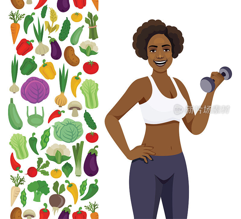 非裔美国女性减肥。吃健康的食物。素食，维生素，天然新鲜食品。