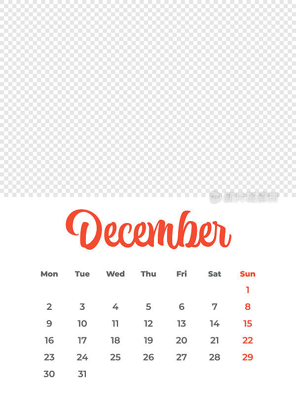 2024年12月-日历与照片或插图的地方。日历矢量模板为2024年。这一周从星期一开始