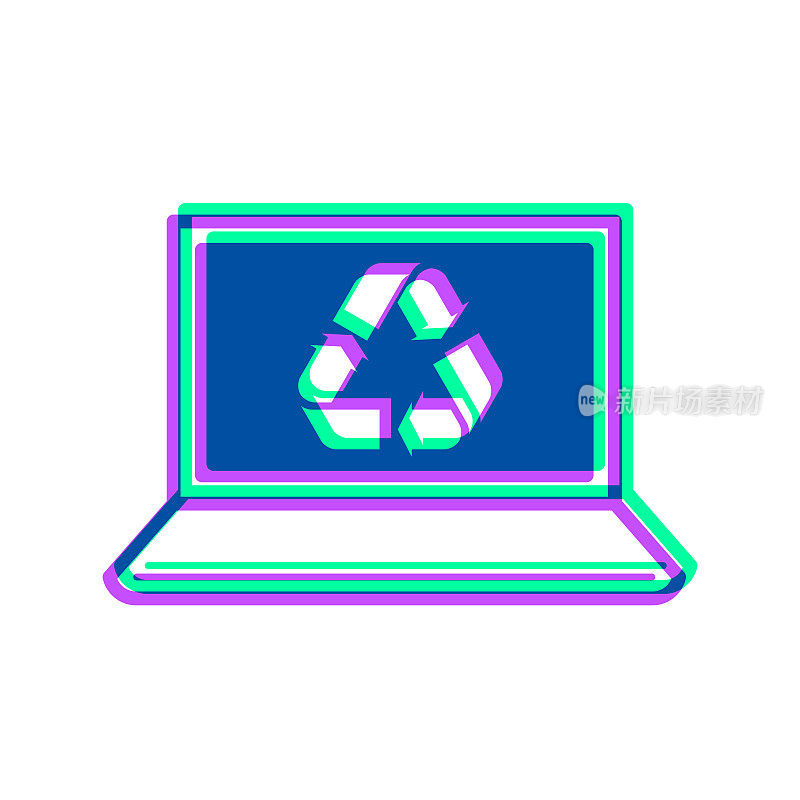 带有回收符号的笔记本电脑。图标与两种颜色叠加在白色背景上
